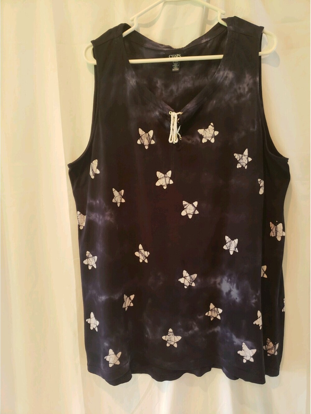 Chaps Women's Sleeveless Top Navy White Star Print Lace-Up Neck 1X Casual